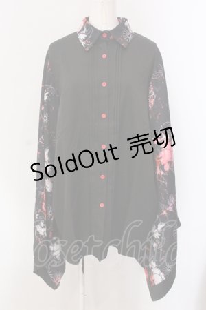 画像: NieR Clothing / 着物風袖ブロッキングシャツ【和柄九尾(赤)】  ブラック×レッド O-25-05-17-014-PU-BL-IG-OS