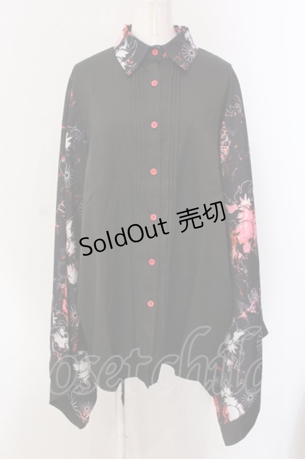 画像1: NieR Clothing / 着物風袖ブロッキングシャツ【和柄九尾(赤)】  ブラック×レッド O-25-05-17-014-PU-BL-IG-OS (1)