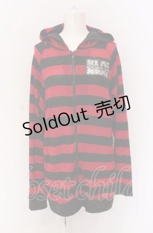 画像: SEX POT ReVeNGe / バックスカルプリントボーダーパーカー  レッドｘブラック O-25-05-28-013-SP-TO-YM-OS