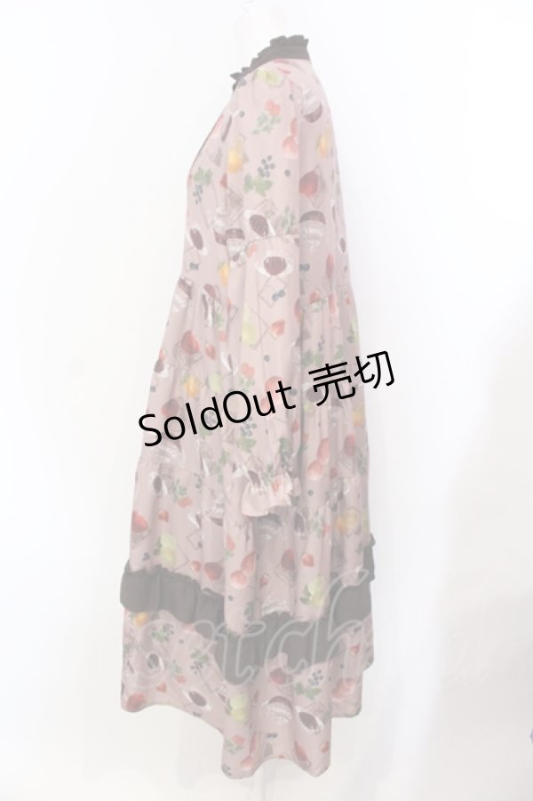 画像2: axes femme / フルーツティ柄ティアードワンピース M ブラウン O-25-05-29-036-AX-OP-IG-OS (2)