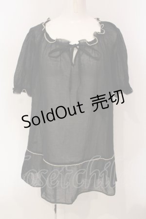 画像: PINK HOUSE / レース配色スモックブラウス  クロ O-25-05-31-038-LO-TO-OW-OS