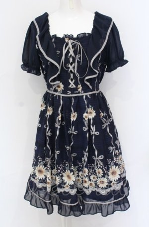 画像: axes femme POETIQUE / ガーベラ×リボン柄ワンピース M ネイビー O-25-05-31-1033-AX-OP-OW-OS