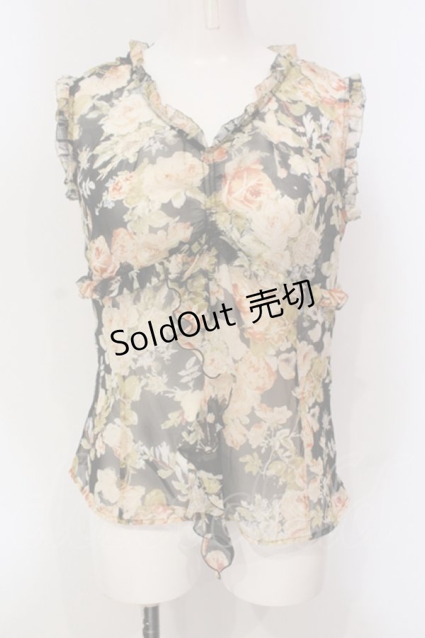 画像1: 【SALE】PINK HOUSE / ラッフルフリルシフォンノースリーブトップス  クロ O-25-05-31-031-LO-TO-OW-ZT374 (1)