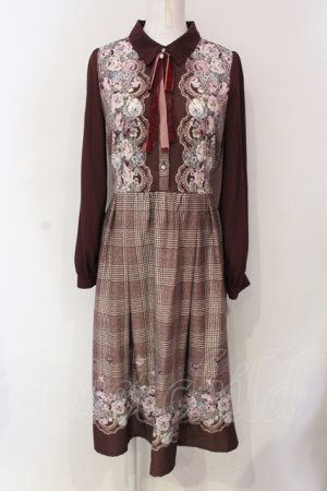 画像: axes femme / グレンチェック花柄ワンピース M ワイン O-25-06-07-059-AX-OP-YM-OS