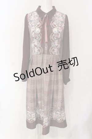 画像: axes femme / グレンチェック花柄ワンピース M ワイン O-25-06-07-059-AX-OP-YM-OS