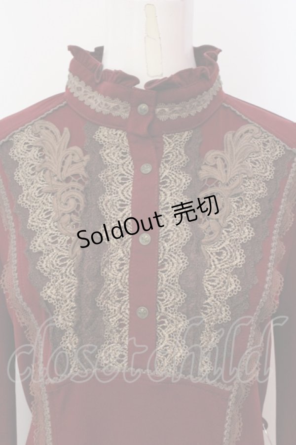 画像2: OZZ ANGELO / モチーフレーススタンドネックワンピース  ボルドー O-25-06-09-044-OO-OP-IG-OS (2)