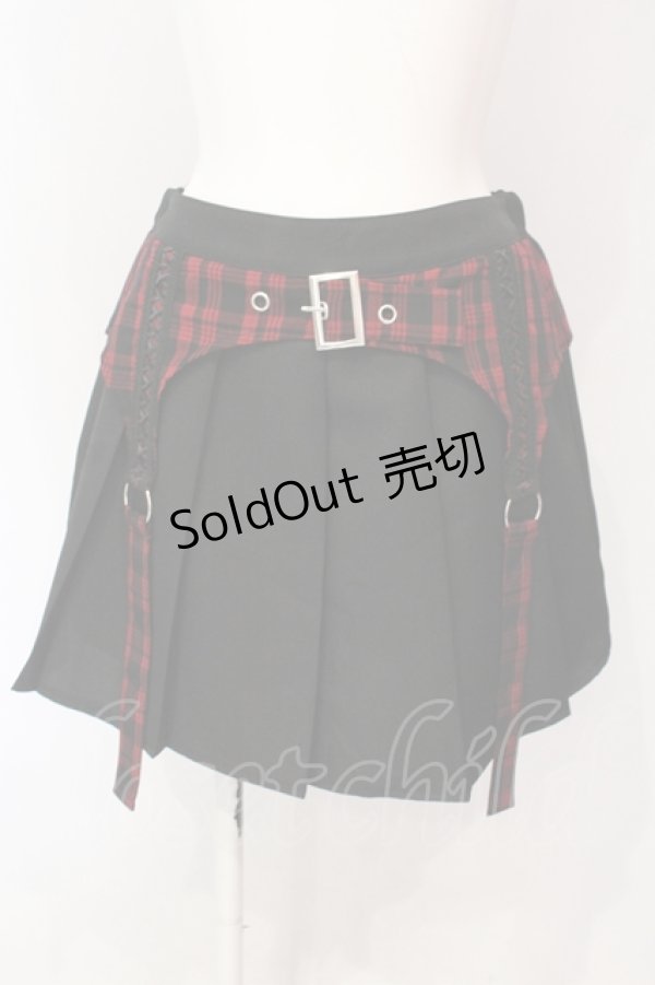 画像1: DARRDY / ガーターベルト付きプリーツミニスカパン F ブラック×レッド O-25-06-19-099-PU-SK-OW-OS (1)