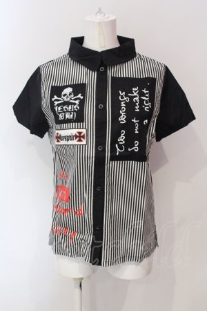 画像: HELL CAT PUNKS / ストライプバイカラー半袖ブラウス  ブラック×ホワイト O-25-06-21-072-PU-BL-IG-OS