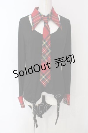画像: Qutie Frash / タータンチェックネクタイ付きブラウス  ブラック×レッドタータン O-25-06-30-123-QU-TO-IG-ZI