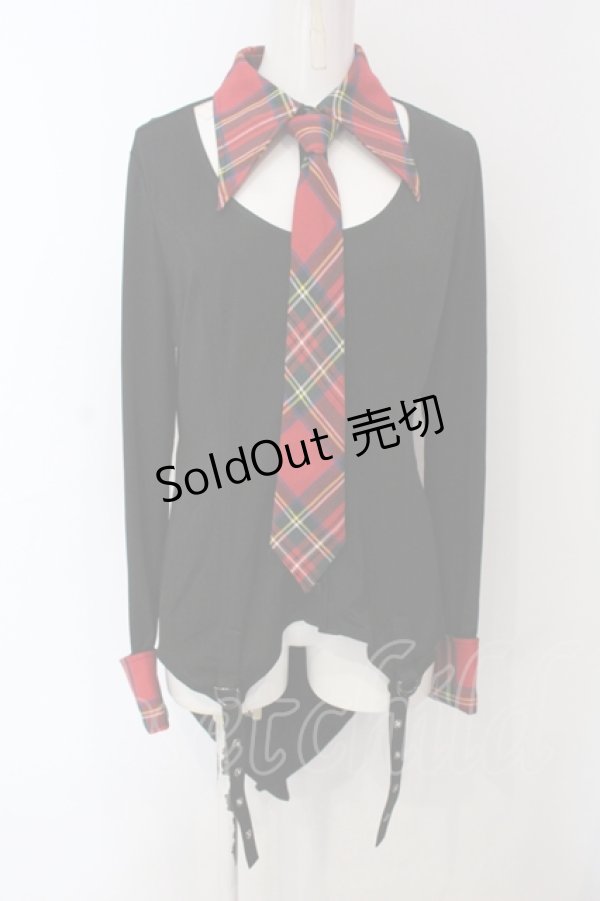 画像1: Qutie Frash / タータンチェックネクタイ付きブラウス  ブラック×レッドタータン O-25-06-30-123-QU-TO-IG-ZI (1)