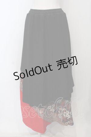 画像: Qutie Frash / シフォンラップ和柄ロングスカート  ブラック×レッド O-25-06-30-141-QU-SK-IG-OS