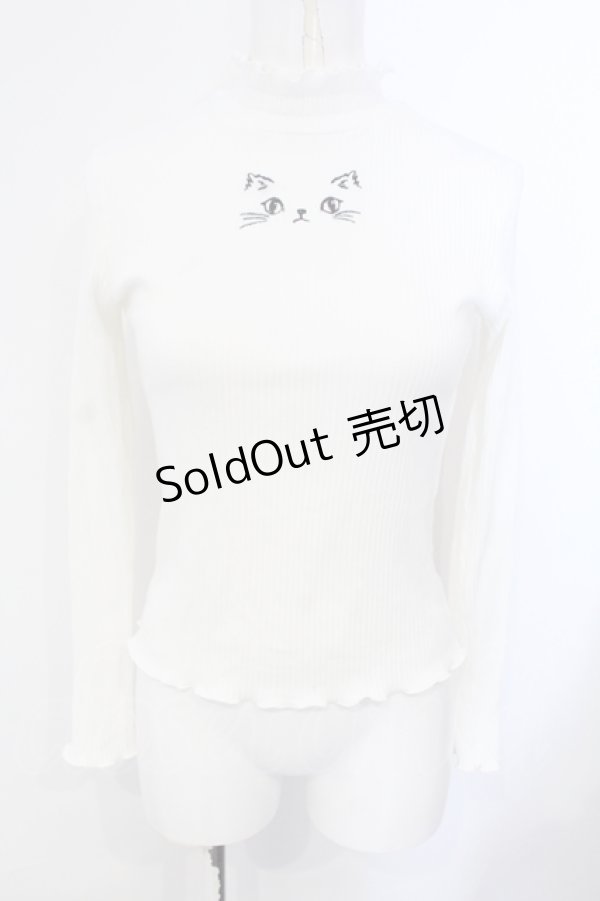 画像1: mon lily / キャット刺繍リブトップス M シロ O-25-07-08-013-LO-TO-OW-OS (1)