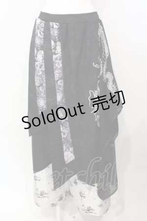 画像: Qutie Frash / ラップ付き和柄バギーパンツ  ブラック O-25-07-15-005-QU-PA-IG-OS