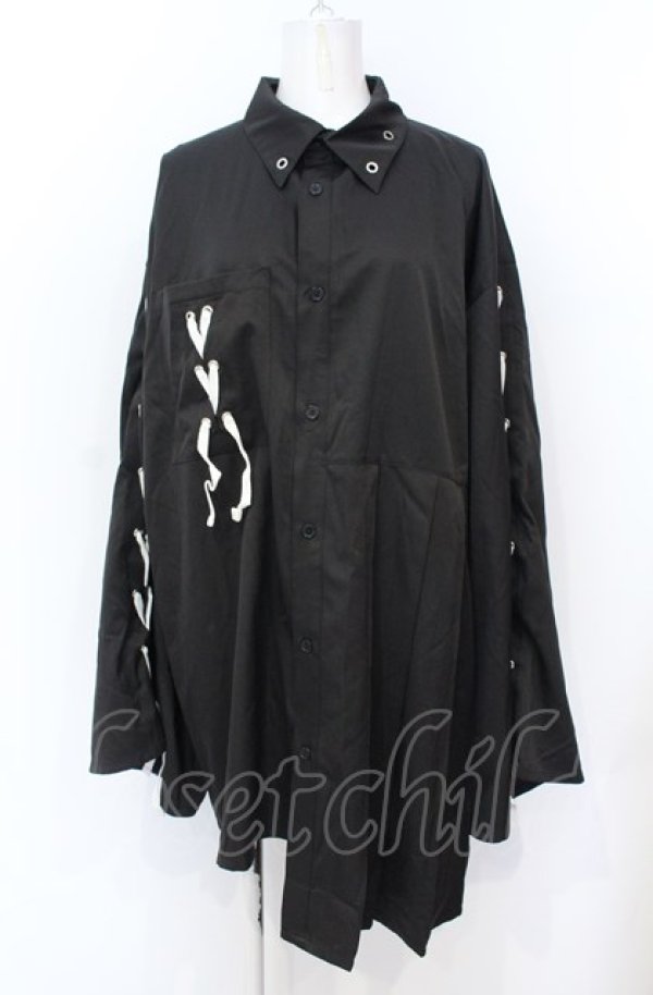 画像1: AdaNous / 亜陀那珠 陰陽レースアップシャツ F ブラック O-25-07-21-067-PU-BL-OW-ZY (1)