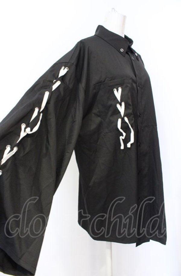 画像2: AdaNous / 亜陀那珠 陰陽レースアップシャツ F ブラック O-25-07-21-067-PU-BL-OW-ZY (2)