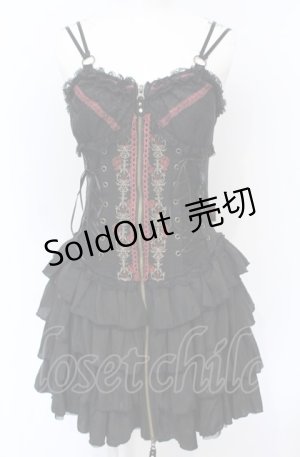 画像: Ozz Croce / 薔薇刺繍サイド編み上げビスチェワンピース  ブラック×レッド O-25-07-21-087-OO-OP-OW-OS