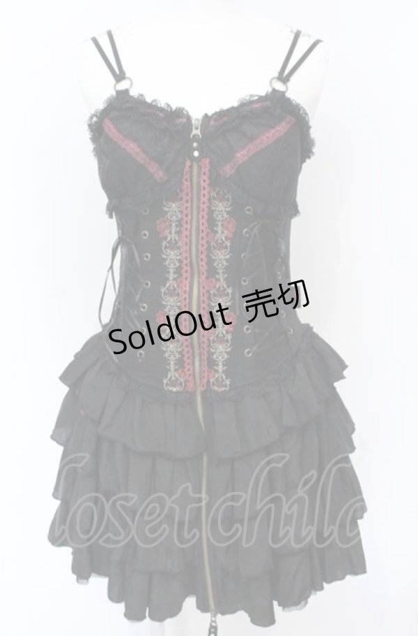 画像1: Ozz Croce / 薔薇刺繍サイド編み上げビスチェワンピース  ブラック×レッド O-25-07-21-087-OO-OP-OW-OS (1)