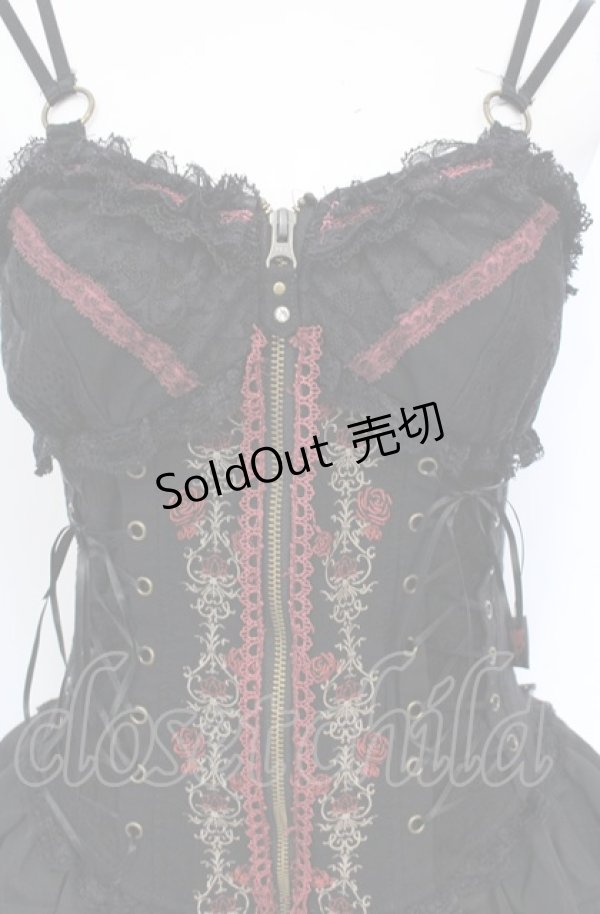 画像2: Ozz Croce / 薔薇刺繍サイド編み上げビスチェワンピース  ブラック×レッド O-25-07-21-087-OO-OP-OW-OS (2)
