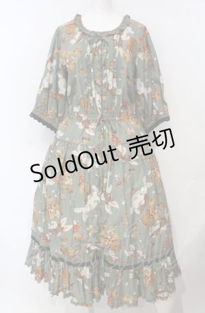画像: PINK HOUSE / オータムチェリーとうさぎプリントワンピース  グリーン O-25-07-24-024-LO-OP-IG-OS