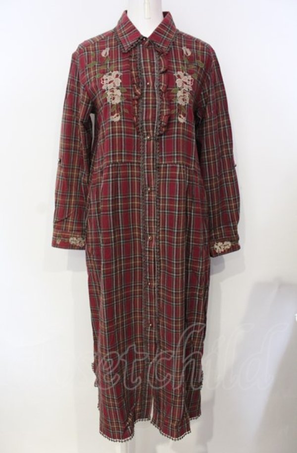 画像1: axes femme / 刺繍入りロングシャツワンピース  ワイン O-25-07-26-071-AX-OP-IG-OS (1)