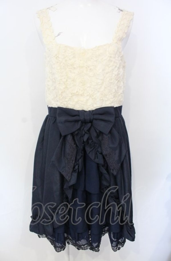 画像1: axes femme / バラ生地切替スリットドレス M ネイビー×アイボリー O-25-07-26-098-AX-OP-IG-ZT134 (1)