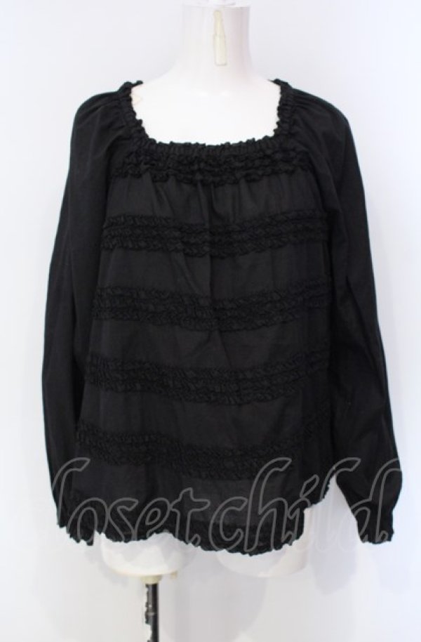 画像1: PINK HOUSE / ピコフリルボーダースクエアネックブラウス  クロ O-25-07-28-035-LO-OP-IG-ZI (1)