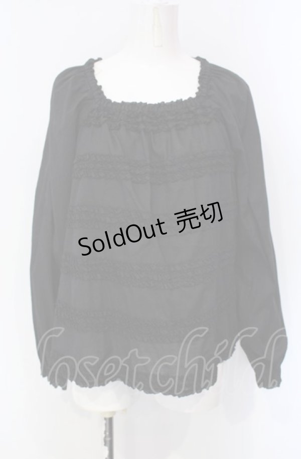 画像1: PINK HOUSE / ピコフリルボーダースクエアネックブラウス  クロ O-25-07-28-035-LO-OP-IG-ZI (1)