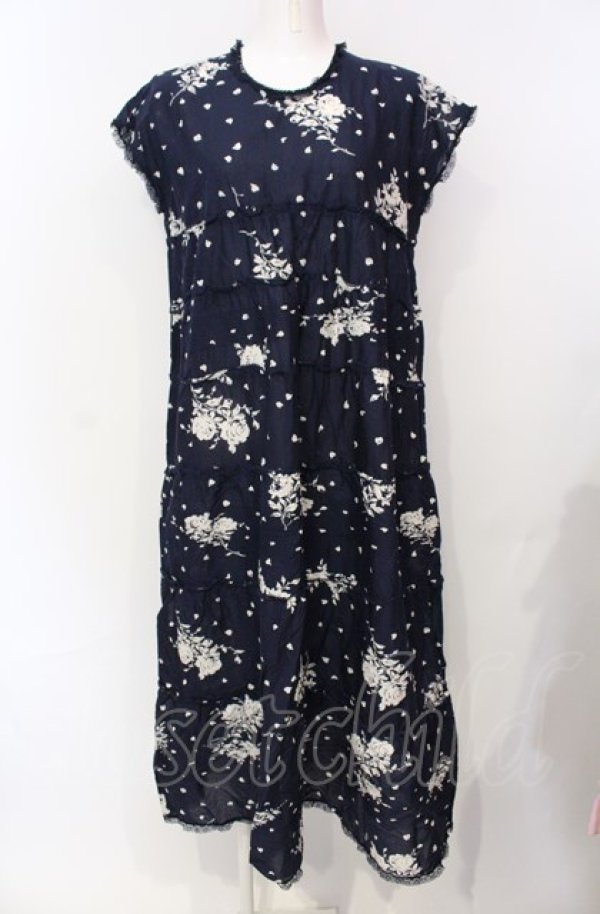 画像1: KANEKO ISAO / ローズシルエットノースリーブ段々ワンピース  ネイビー O-25-07-28-077-EL-OP-IG-ZT057 (1)