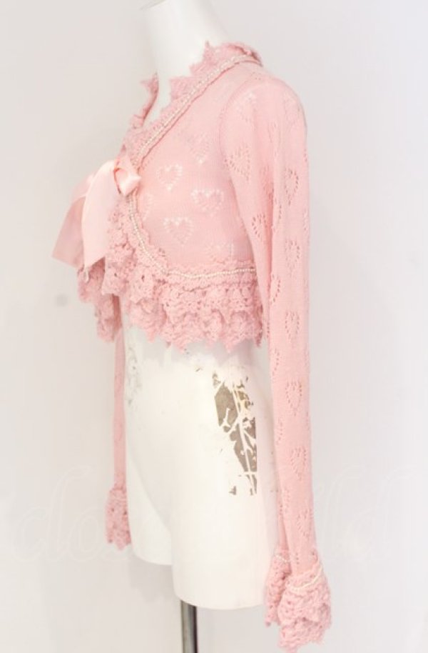 画像2: Angelic Pretty / ハート透かしサテンリボンニットボレロ  ピンク O-25-07-31-1154-AP-TO-OW-OS (2)