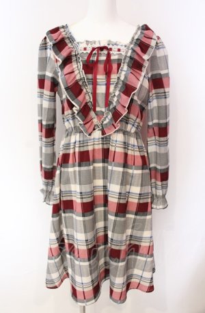 画像: axes femme POETIQUE / はしごレース配色チェックワンピース M ピンク O-25-08-02-038-AX-OP-OW-OS