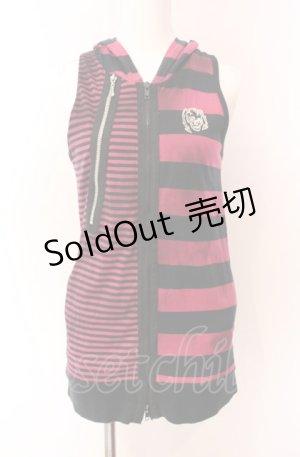 画像: ALGONQUINS / ボーダーフードノースリーブトップス  ピンク×ブラック O-25-08-02-076-AL-TO-IG-OS