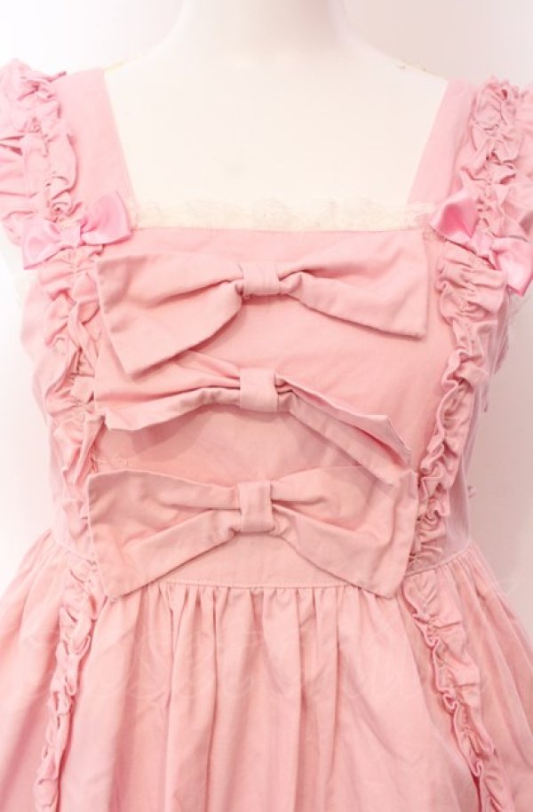 画像2: metamorphose / スカラップリボンハイウエストジャンパースカート  ピンク O-25-08-02-012-ME-OP-OW-OS (2)