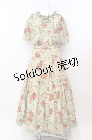画像: PINK HOUSE / ジャム瓶&いちごバスケット柄半袖ワンピース  グリーン O-25-08-05-031-LO-OP-YM-OS
