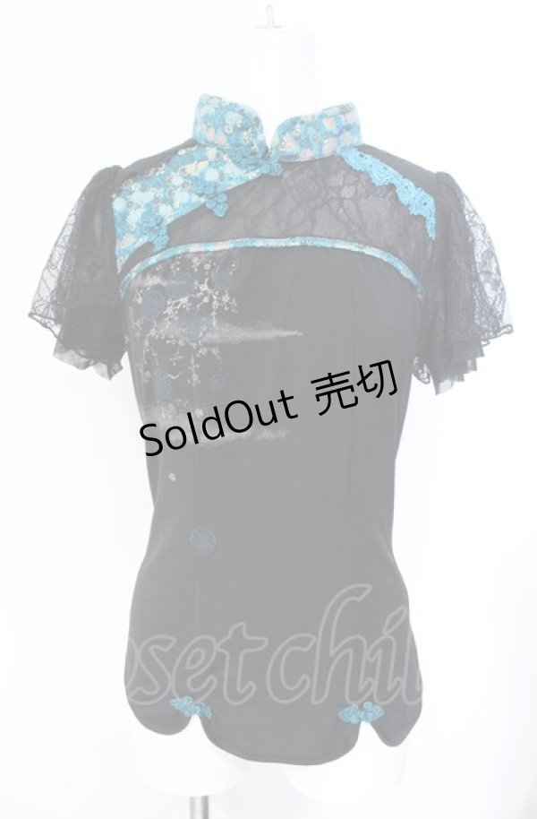 画像1: Ozz oneste / 和チャイナレース切替トップス  ブラック×グリーン O-25-08-07-048-OO-TO-OW-OS (1)
