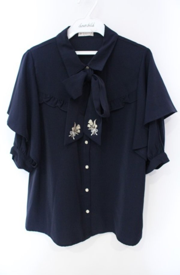画像1: axes femme / ブーケリボン刺繍ブラウス M ネイビー O-25-08-13-091-AX-BL-OW-ZT082 (1)