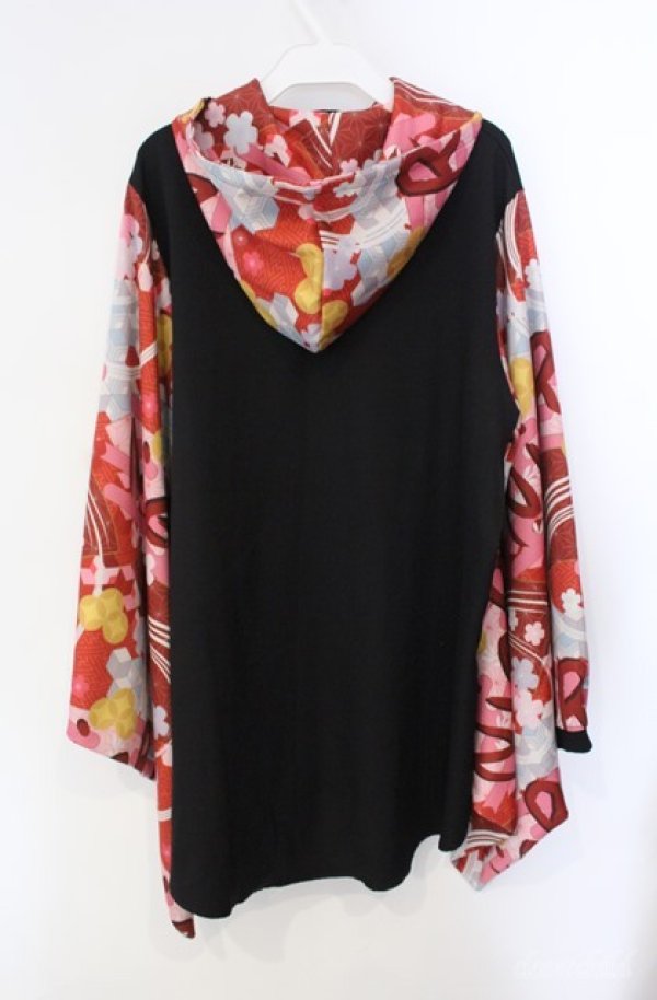 画像3: NieR Clothing / 袖口リブ付き春用着物風袖ブロッキングシャツ  ブラック×レッド系 O-25-08-21-097-PU-BL-IG-ZT307 (3)