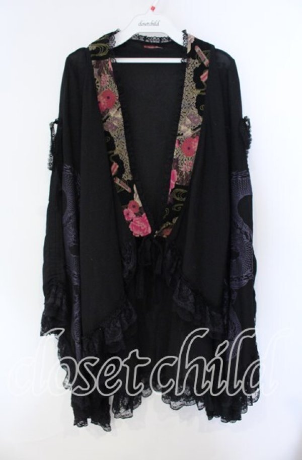 画像1: Qutie Frash / ちりめん切り替え梨地着物カーデ  ブラック O-25-08-28-025-QU-TO-OW-ZT186 (1)