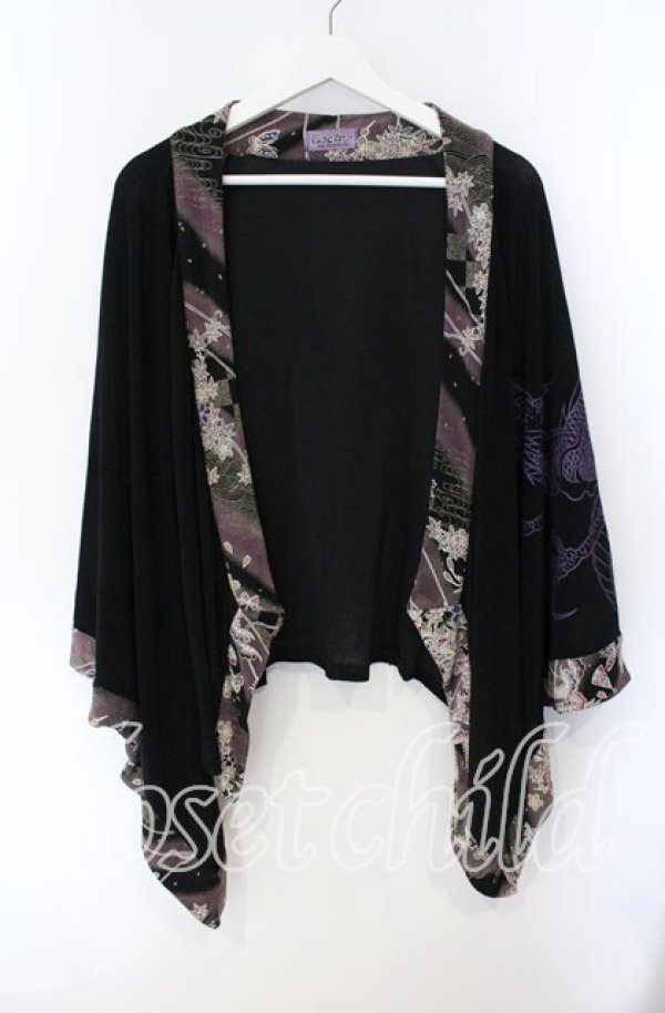 画像1: Qutie Frash / ちりめん切り替え着物袖カーディガン  ブラック O-25-08-28-026-QU-TO-OW-ZT076 (1)