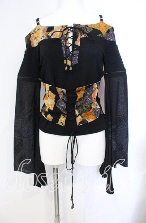 画像1: Qutie Frash / ちりめん切り替えオフショル着物チュニック  ブラック O-25-08-30-012-QU-TO-OW-ZI (1)