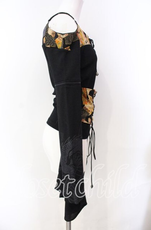 画像3: Qutie Frash / ちりめん切り替えオフショル着物チュニック  ブラック O-25-08-30-012-QU-TO-OW-ZI (3)