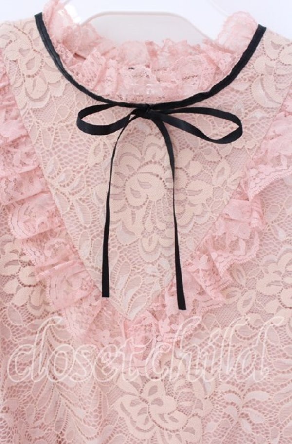 画像2: 【SALE】Ank Rouge / リボン配色総レースプルオーバー M ピンク O-25-09-04-048-CA-TO-OW-ZT162 (2)