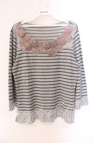 画像: INGEBORG / ニット配色ボーダーカットソー 4（11号） グレー O-25-09-04-124-LO-TO-IG-OS