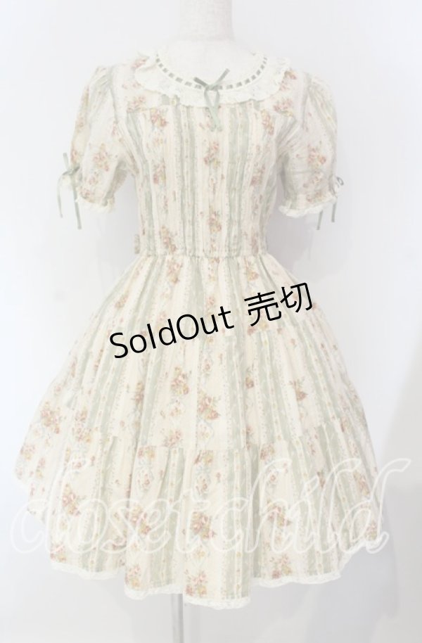 画像1: Innocent World / フラワーブーケシャーリングショートスリーブワンピース  グリーン×生成り O-25-09-11-006-IW-OP-IG-OS (1)