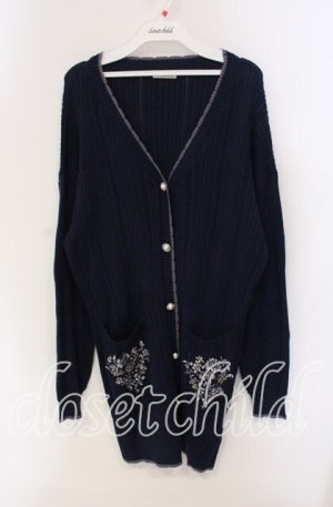 画像: axes femme / 花刺繍ロングニットカーデ  ネイビー O-25-09-11-086-AX-TO-IG-OS