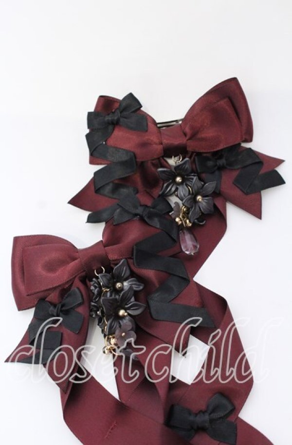 画像2: LOTUS ribbon / ツインリボンバレッタ  ボルドー×花モチーフ O-25-09-12-066-EL-AC-OW-OS (2)