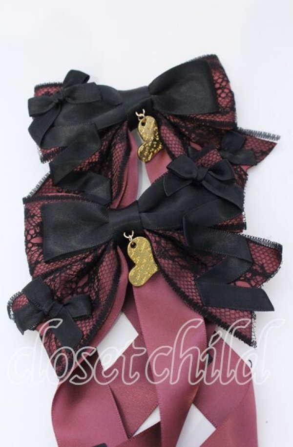 画像2: LOTUS ribbon / ハートチャームレースリボンツインバレッタ  ワイン×クロ O-25-09-12-012-EL-AC-IG-OS (2)