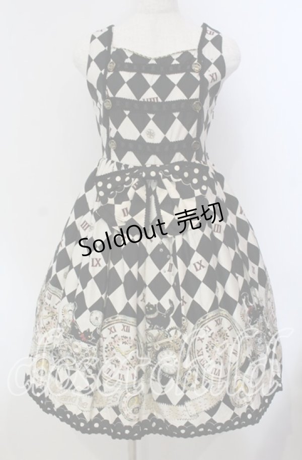 画像1: ALICE and the PIRATES / 時計じかけのおすましキャット柄 ジャンパースカートI  クロ×アイボリー O-25-09-13-072-PA-OP-OW-OS (1)