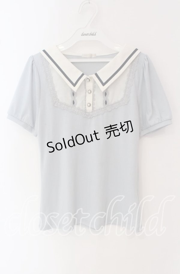 画像1: axes femme POETIQUE / 襟デザイン半袖カットソー  サックス×オフ O-25-09-22-066-AX-TO-IG-ZT262 (1)