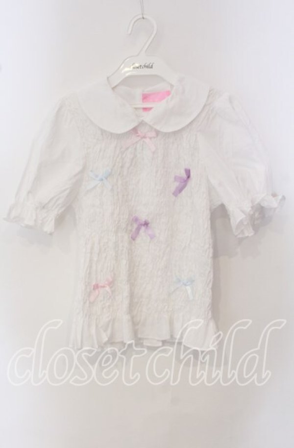 画像1: Nile Perch / リボン配色ギャザーブラウス  シロ O-25-09-23-028-LO-BL-OW-ZT279 (1)