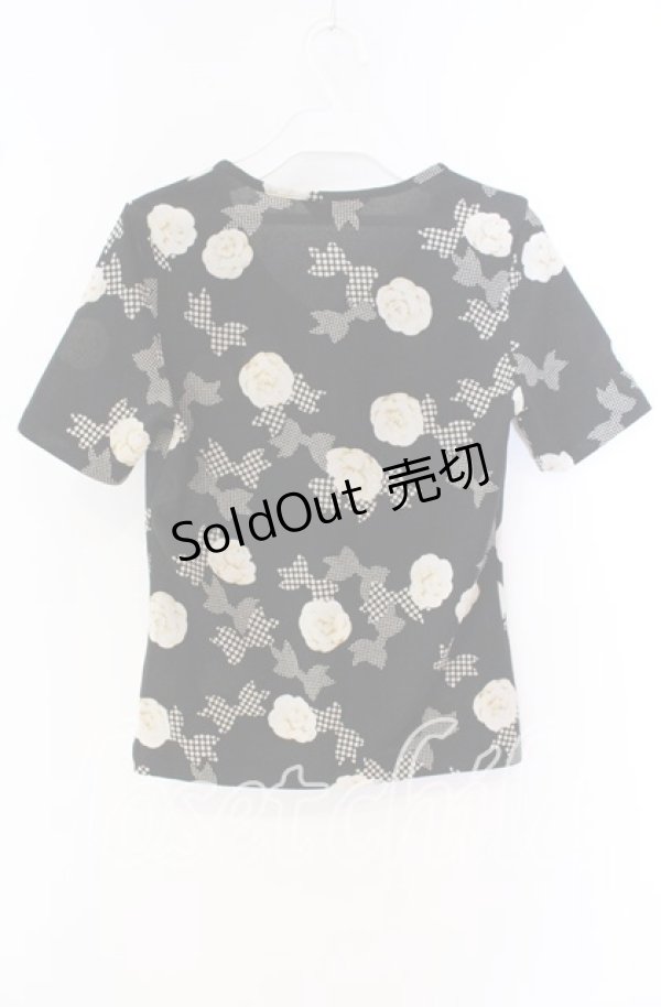 画像3: 【SALE】INGEBORG / カメリアリボン柄Tシャツ S クロ O-25-09-27-085-LO-TO-OW-ZT057 (3)